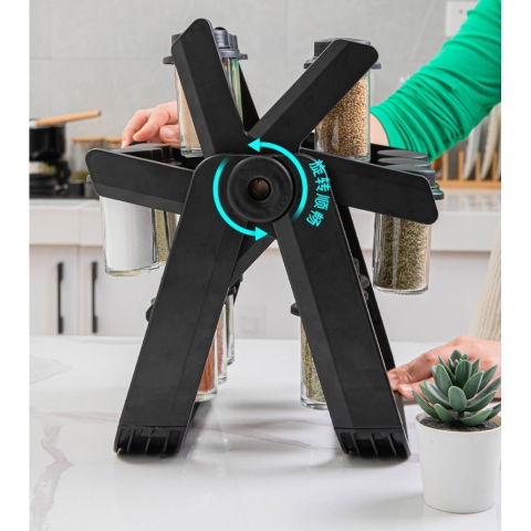 Suport pentru condimente rotativ, multifunctional, pivotant 360°, portabil, usor de montat, 34x23 cm, abs/sticla, negru [11]