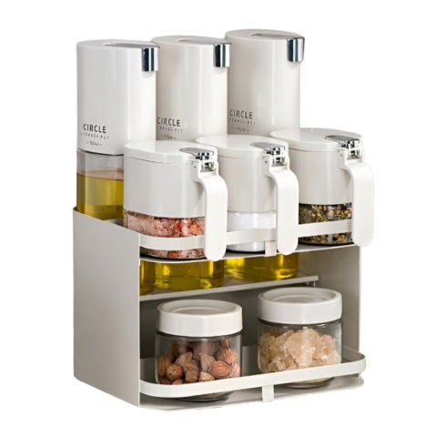 Recipiente pentru condimente si uleiuri - Suport pentru depozitare condimente, ulei, otet, montare pe perete din 9 piese, uz casnic, pentru bucatarie, 24 x 21.9 x 31.5cm, alb