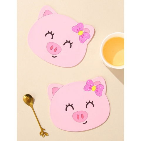 Suport pentru pahar, model urs purcelus, din pvc, 15.5x15.5 cm, rezistent la caldura, roz [2]