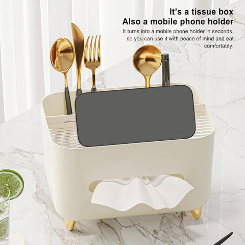 Suport pentru servetele, cutie multifunctionala, design minimalist, abs, cu suport pentru obiectele personale, pentru birou, 21x15x13 cm, crem [2]