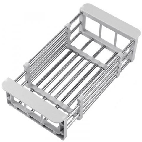 Organizatoare si accesorii pentru bucatarie - Suport scurgere extensibil pentru bucatarie, uscator vase din otel inoxidabil, suport tacamuri si pahare, suport pentru fructe si legume, 24.5 x 16.5 x 9.5 cm gri deschis