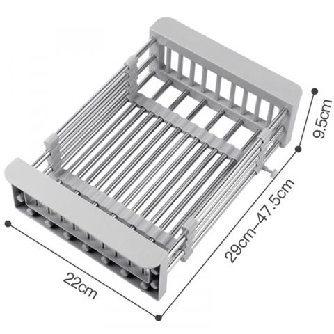 Suport scurgere extensibil pentru bucatarie, uscator vase din otel inoxidabil, suport tacamuri si pahare, suport pentru fructe si legume, 29 x 22 x 9.5 cm gri [1]