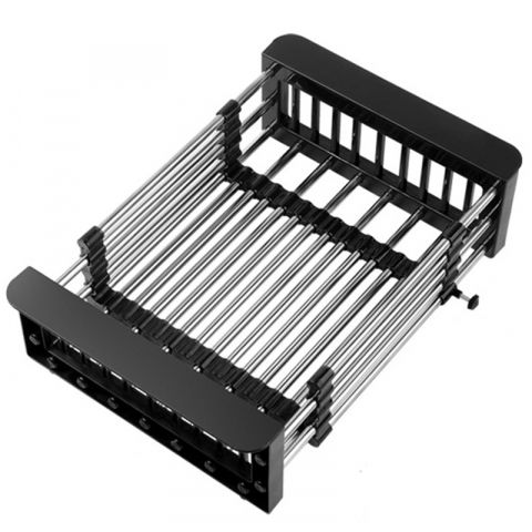 Ustensile, tacâmuri, căni și accesorii de bucătărie - Suport scurgere extensibil pentru bucatarie, uscator vase din otel inoxidabil, suport tacamuri si pahare, suport pentru fructe si legume, 29 x 22 x 9.5 cm negru