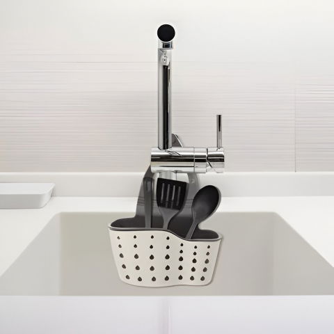 Suport scurgere pentru burete si laveta de vase bucatarie, bej, curea reglabila, plastic flexibil, 15x 5x 20cm [3]