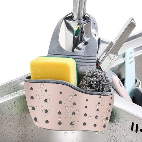 Suport scurgere pentru burete si laveta de vase bucatarie, roz, curea reglabila, plastic flexibil, 15x 5x 21cm [2]