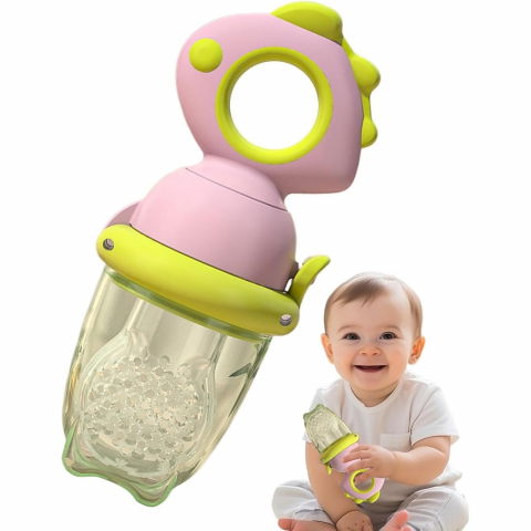 Suzeta pentru fructe, pentru bebelusi, din silicon alimentar, +4 luni, 2 mm grosime gauri tetina, 12.4 x 5.1 x 4.7 cm, roz/verde [3]