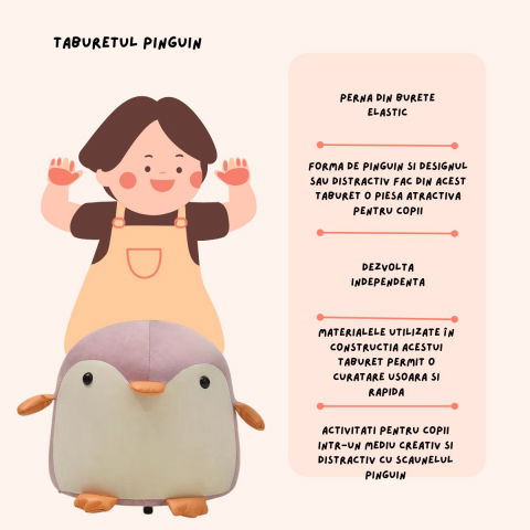 Taburet pentru copii, cadru din lemn masiv, 25 x 29 x 29 cm, perna de burete elastica si maner de transport, in forma de pinguin, roz [5]