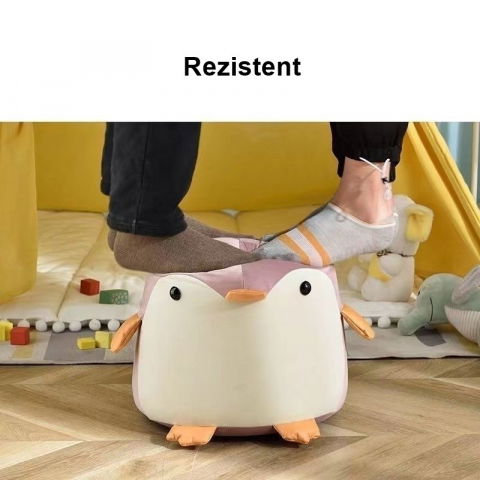 Taburet pentru copii, cadru din lemn masiv, 25 x 29 x 29 cm, perna de burete elastica si maner de transport, in forma de pinguin, roz [1]