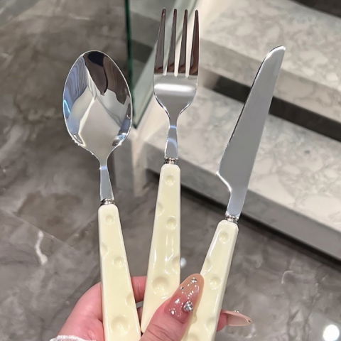 Tacamuri pentru copii, set 3 piese, tacamuri pentru dejun, lingura furculita cutit, stil italian, manere forma cascaval plastic, inox, 23 cm, auriu [4]