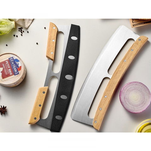 Taietor feliator de pizza, din otel inoxidabil, cu capac, maner din doua bucatie, din lemn, antialunecare, lama neteda si ascutita, 34x10 cm, maro [4]