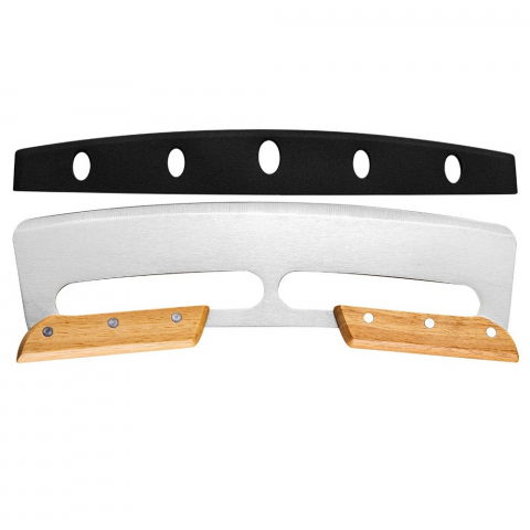 Accesorii pentru pregătirea alimentelor - Taietor feliator de pizza, din otel inoxidabil, cu capac, maner din doua bucatie, din lemn, antialunecare, lama neteda si ascutita, 34x10 cm, maro