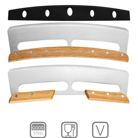 Taietor feliator de pizza, din otel inoxidabil, cu capac, maner din lemn, antialunecare, lama neteda si ascutita, 34x10 cm, maro [4]