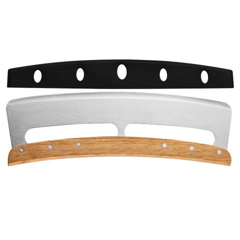 Accesorii pentru pregătirea alimentelor - Taietor feliator de pizza, din otel inoxidabil, cu capac, maner din lemn, antialunecare, lama neteda si ascutita, 34x10 cm, maro