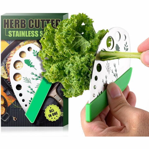 Tocator manual pentru ierburi  instrument de curatat frunze, margini ascutie, 9 gauri de diferite dimensiuni, multifunctional, material otel inoxidabil, maner ergonomic, rezistent la rugina, 12.3 x 6.9 cm, argintiu [2]