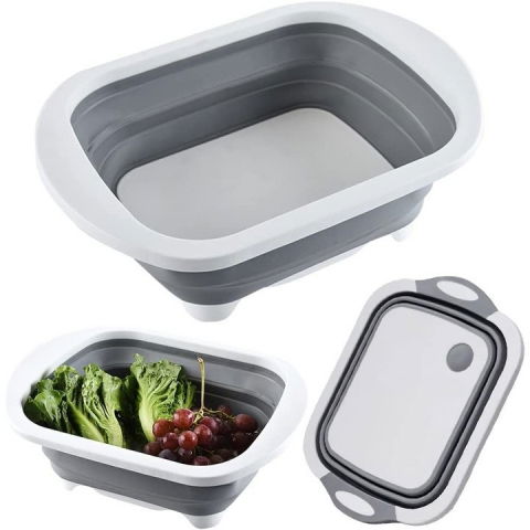 Tocator multifunctional, 2 in 1, cu cos pentru spalat si scurgere alimente, 480 g, pliabila, gri [5]