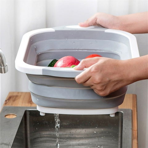 Tocator multifunctional, 2 in 1, cu cos pentru spalat si scurgere alimente, 480 g, pliabila, gri [1]