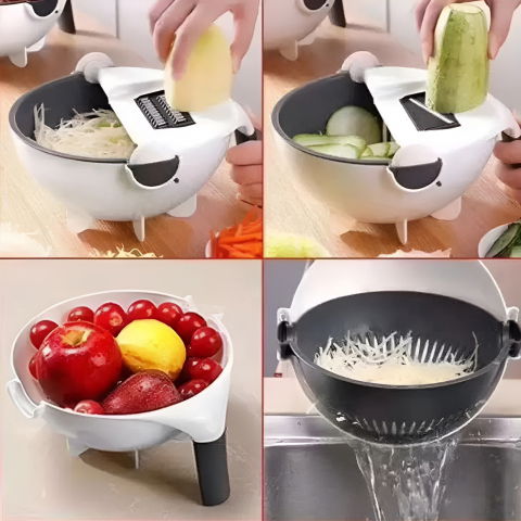 Tocator multifunctional, lame otel inoxidabil, cu suport scurgere, maner, protectie mana, 22x22x12 cm, alb negru [2]