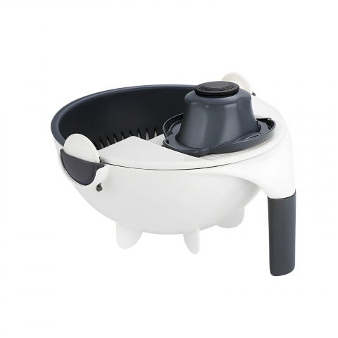 Accesorii pentru pregătirea alimentelor - Tocator multifunctional, lame otel inoxidabil, cu suport scurgere, maner, protectie mana, 22x22x12 cm, alb negru