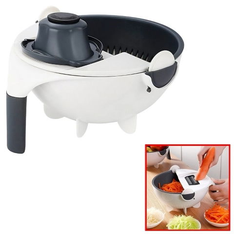 Tocator multifunctional, lame otel inoxidabil, cu suport scurgere, maner, protectie mana, 22x22x12 cm, alb negru [4]