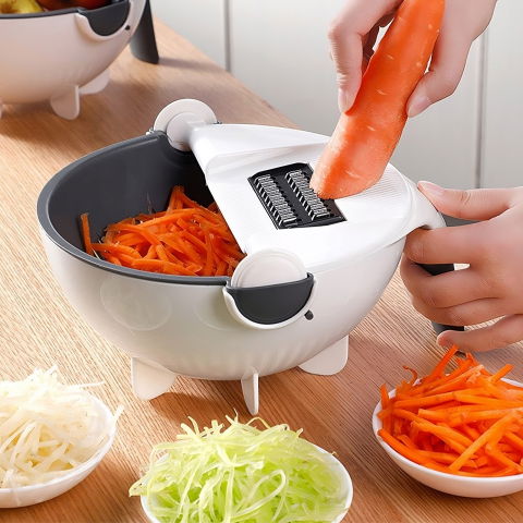 Tocator multifunctional, lame otel inoxidabil, cu suport scurgere, maner, protectie mana, 22x22x12 cm, alb negru [3]