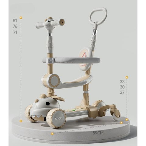 Trotineta multifunctionala 6 in 1, pentru copii de la 10 luni pana la 12 ani, cu maner de impingere, reglabil 360, pliere usoara, reglarea inaltimii, model dinozaur, alb/bej [7]