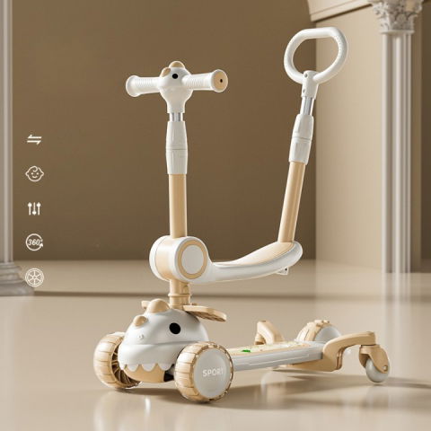 Trotineta multifunctionala 6 in 1, pentru copii de la 10 luni pana la 12 ani, cu maner de impingere, reglabil 360, pliere usoara, reglarea inaltimii, model dinozaur, alb/bej [5]