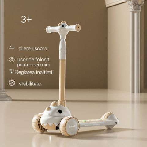 Trotineta multifunctionala 6 in 1, pentru copii de la 10 luni pana la 12 ani, cu maner de impingere, reglabil 360, pliere usoara, reglarea inaltimii, model dinozaur, alb/bej [2]