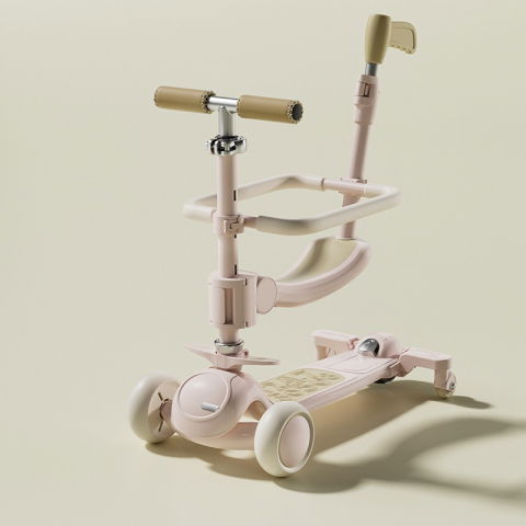 Trotineta tip carucior pentru copii 7in1, pliabila, ghidon reglabil, parti detasabile, lumini led, muzica, suport pentru picioare, roz [1]