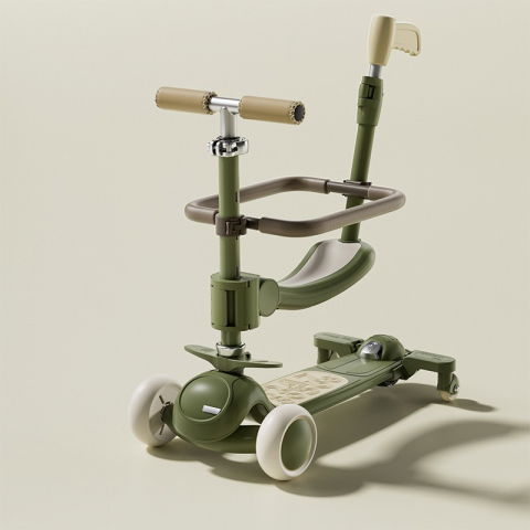 Trotineta tip carucior pentru copii 7in1, pliabila, ghidon reglabil, parti detasabile, lumini led, muzica, suport pentru picioare, verde [1]