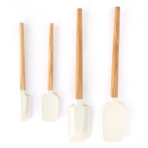 Accesorii și ustensile in bucatarie - Ustensile de bucatarie, set din 4 bucati, din silicon si lemn, spatule de diferite dimensiuni, termo rezistente, antiaderente, instrument de amestecat in bucatarie, alb-maro