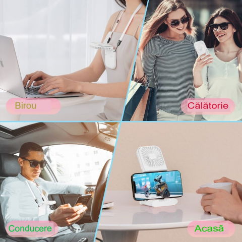 Ventilator portabil 3 in 1, de mana, de gat, de birou, 16.7 x 8 x 1.9 cm, 3 trepte de viteza, incarcare usb, pliabil, afisaj digital, suport telefon, alb [5]