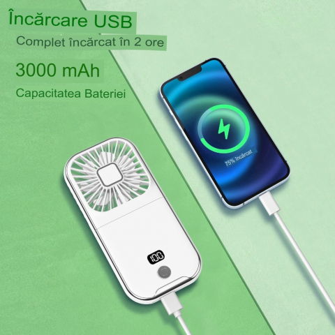 Ventilator portabil 3 in 1, de mana, de gat, de birou, 16.7 x 8 x 1.9 cm, 3 trepte de viteza, incarcare usb, pliabil, afisaj digital, suport telefon, alb [2]