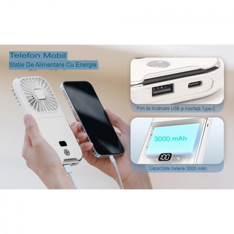 Ventilator portabil 3 in 1, de mana, de gat, de birou, 16.7 x 8 x 1.9 cm, 3 trepte de viteza, incarcare usb, pliabil, afisaj digital, suport telefon, alb [3]