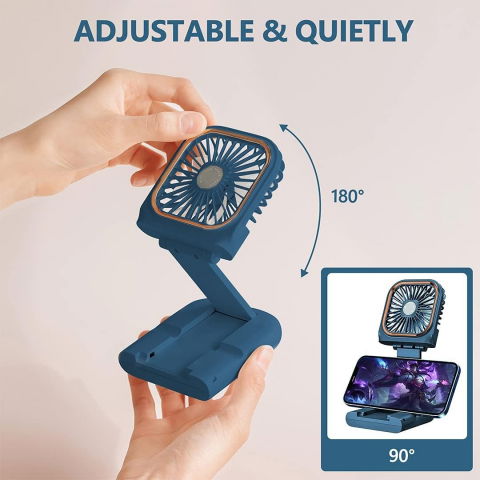 Ventilator portabil 3 in 1, de mana, de gat, de birou, 16.7 x 8 x 1.9 cm, 3 trepte de viteza, incarcare usb, pliabil, afisaj digital, suport telefon, albastru [3]