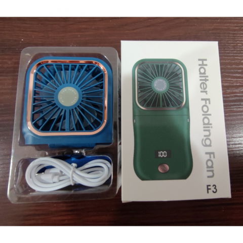 Ventilator portabil 3 in 1, de mana, de gat, de birou, 16.7 x 8 x 1.9 cm, 3 trepte de viteza, incarcare usb, pliabil, afisaj digital, suport telefon, albastru [6]