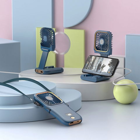 Ventilator portabil 3 in 1, de mana, de gat, de birou, 16.7 x 8 x 1.9 cm, 3 trepte de viteza, incarcare usb, pliabil, afisaj digital, suport telefon, albastru [7]