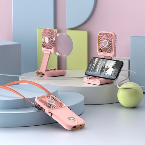 Ventilator portabil 3 in 1, de mana, de gat, de birou, 16.7 x 8 x 1.9 cm, 3 trepte de viteza, incarcare usb, pliabil, afisaj digital, suport telefon, roz [3]