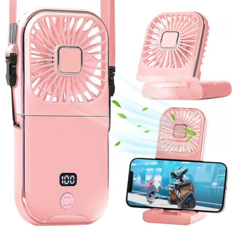 Ventilator portabil 3 in 1, de mana, de gat, de birou, 16.7 x 8 x 1.9 cm, 3 trepte de viteza, incarcare usb, pliabil, afisaj digital, suport telefon, roz [2]