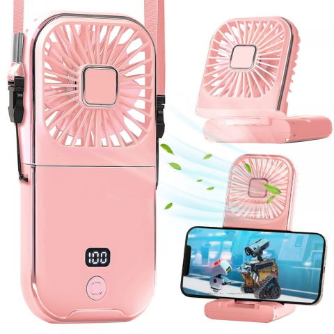 Îngrijire şi confort acasă - Ventilator portabil 3 in 1, de mana, de gat, de birou, 16.7 x 8 x 1.9 cm, 3 trepte de viteza, incarcare usb, pliabil, afisaj digital, suport telefon, roz