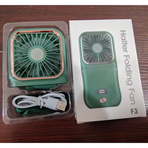 Ventilator portabil 3 in 1, de mana, de gat, de birou, 16.7 x 8 x 1.9 cm, 3 trepte de viteza, incarcare usb, pliabil, afisaj digital, suport telefon, verde [5]