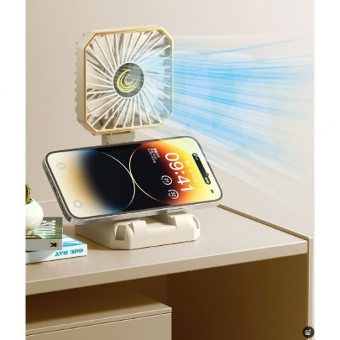 Ventilator portabil, de gat, de birou, suport telefon, 14 x 7 cm, incarcare usb, din abs, 3 viteze, bej [6]