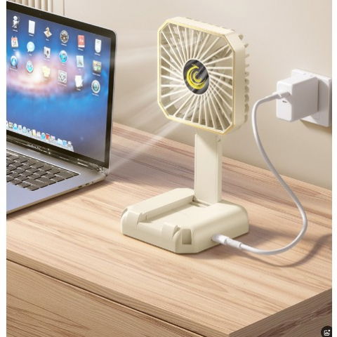 Ventilator portabil, de gat, de birou, suport telefon, 14 x 7 cm, incarcare usb, din abs, 3 viteze, bej [4]