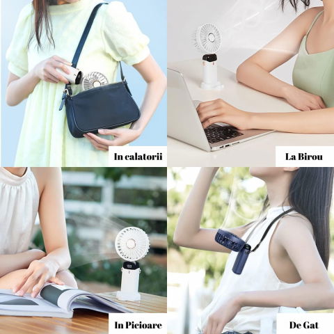 Ventilator ultra portabil cu aromaterapie, 3 in 1, de mana, de birou, de gat, 5 trepte de viteza, incarcare usb, autonomie 12h, pliabil, cu ecran lcd, alb [8]