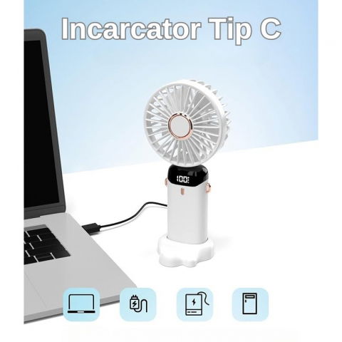 Ventilator ultra portabil cu aromaterapie, 3 in 1, de mana, de birou, de gat, 5 trepte de viteza, incarcare usb, autonomie 12h, pliabil, cu ecran lcd, alb [4]