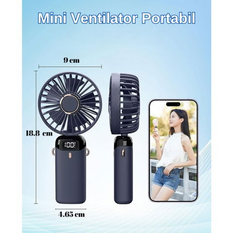 Ventilator ultra portabil cu aromaterapie, 3 in 1, de mana, de birou, de gat, 5 trepte de viteza, incarcare usb, autonomie 12h, pliabil, cu ecran lcd, albastru [3]