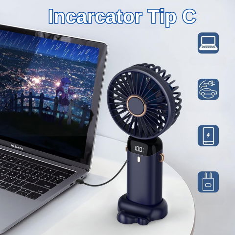 Ventilator ultra portabil cu aromaterapie, 3 in 1, de mana, de birou, de gat, 5 trepte de viteza, incarcare usb, autonomie 12h, pliabil, cu ecran lcd, albastru [8]