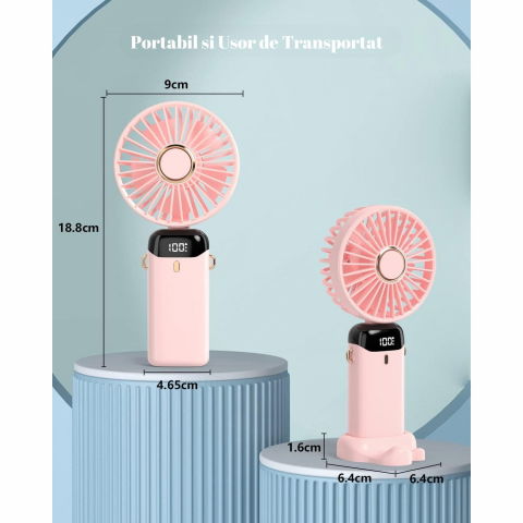 Ventilator ultra portabil cu aromaterapie, 3 in 1, de mana, de birou, de gat, 5 trepte de viteza, incarcare usb, autonomie 12h, pliabil, cu ecran lcd, roz [5]
