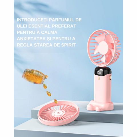 Ventilator ultra portabil cu aromaterapie, 3 in 1, de mana, de birou, de gat, 5 trepte de viteza, incarcare usb, autonomie 12h, pliabil, cu ecran lcd, roz [4]