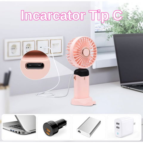 Ventilator ultra portabil cu aromaterapie, 3 in 1, de mana, de birou, de gat, 5 trepte de viteza, incarcare usb, autonomie 12h, pliabil, cu ecran lcd, roz [3]