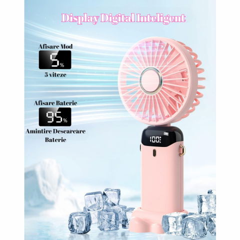 Ventilator ultra portabil cu aromaterapie, 3 in 1, de mana, de birou, de gat, 5 trepte de viteza, incarcare usb, autonomie 12h, pliabil, cu ecran lcd, roz [6]